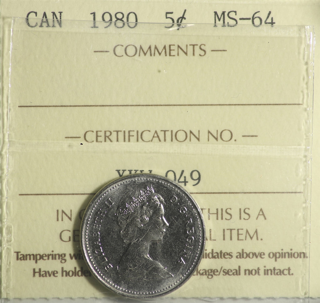1980 Canada 5-cents ICCS Certified MS64