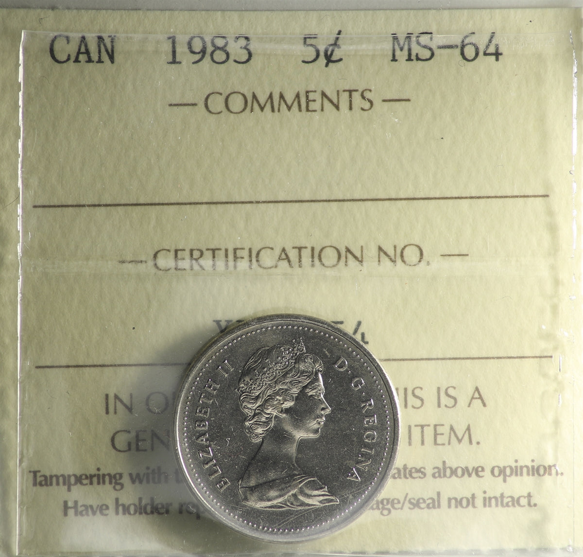1983 Canada 5-cents ICCS Certified MS64