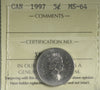1997 Canada 5-cents ICCS Certified MS64