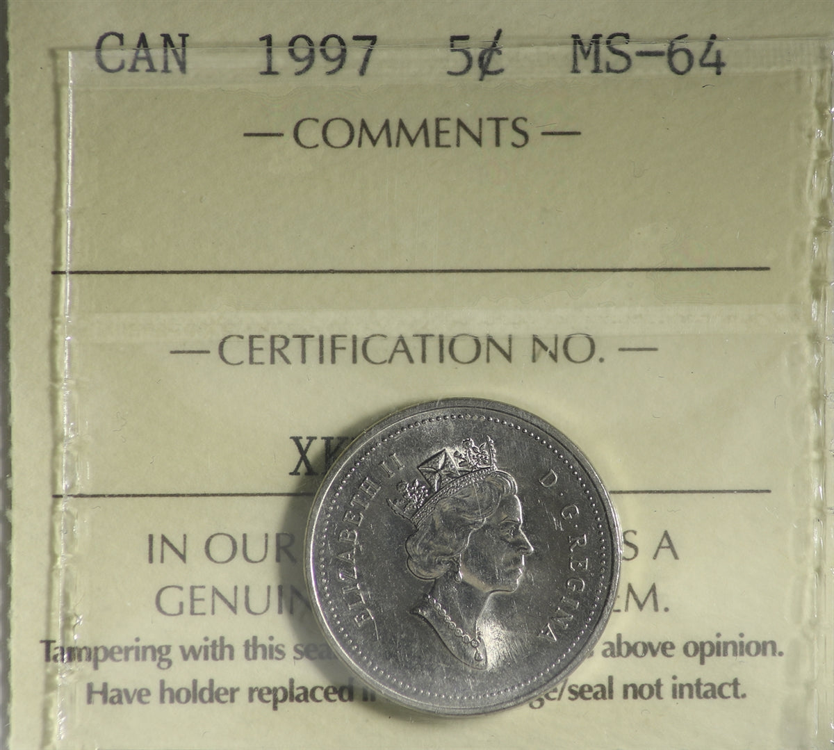 1997 Canada 5-cents ICCS Certified MS64