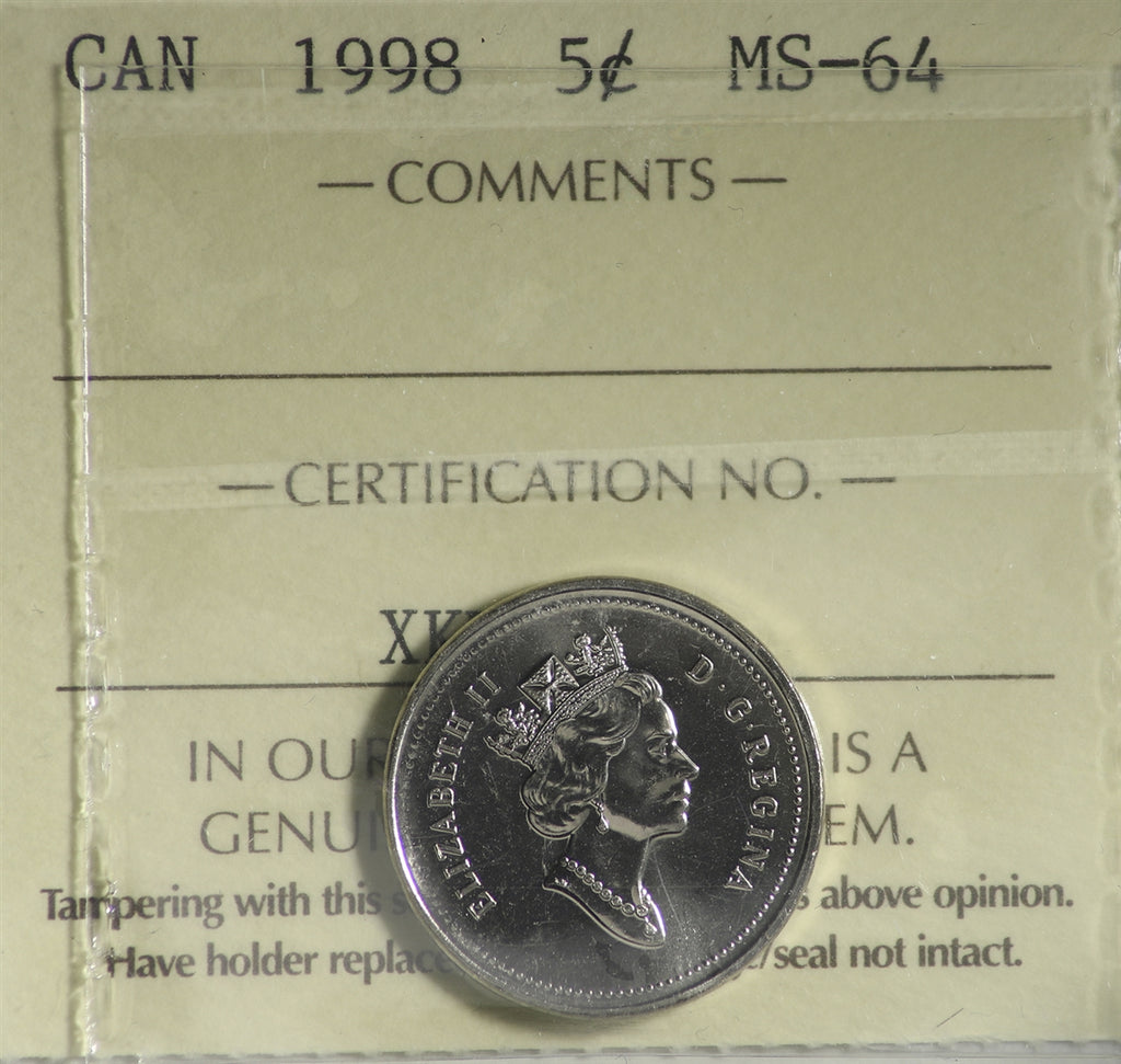 1998 Canada 5-cents ICCS Certified MS64