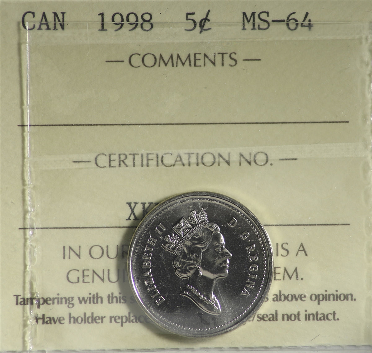 1998 Canada 5-cents ICCS Certified MS64