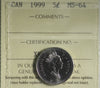 1999 Canada 5-cents ICCS Certified MS64