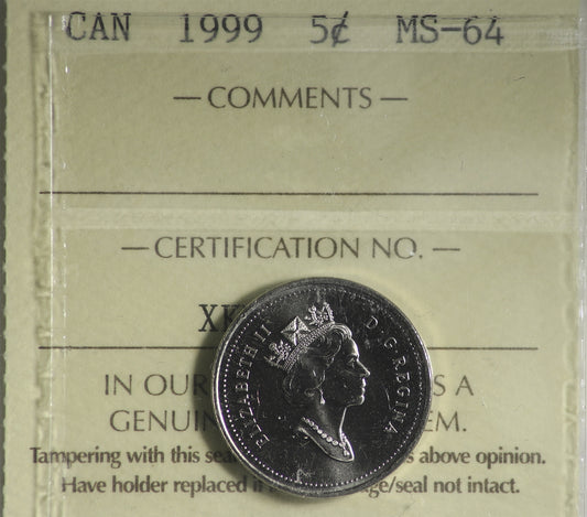 1999 Canada 5-cents ICCS Certified MS64