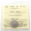 1858 Small Date Canada 5-cents ICCS Certified VF30