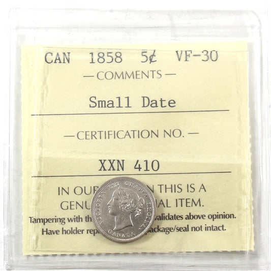 1858 Small Date Canada 5-cents ICCS Certified VF30