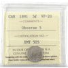 1891 Obv. 5 Canada 5-cents ICCS Certified VF20