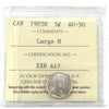 1903H Large H Canada 5-cents ICCS Certified AU50