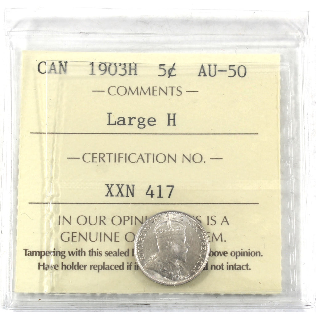 1903H Large H Canada 5-cents ICCS Certified AU50