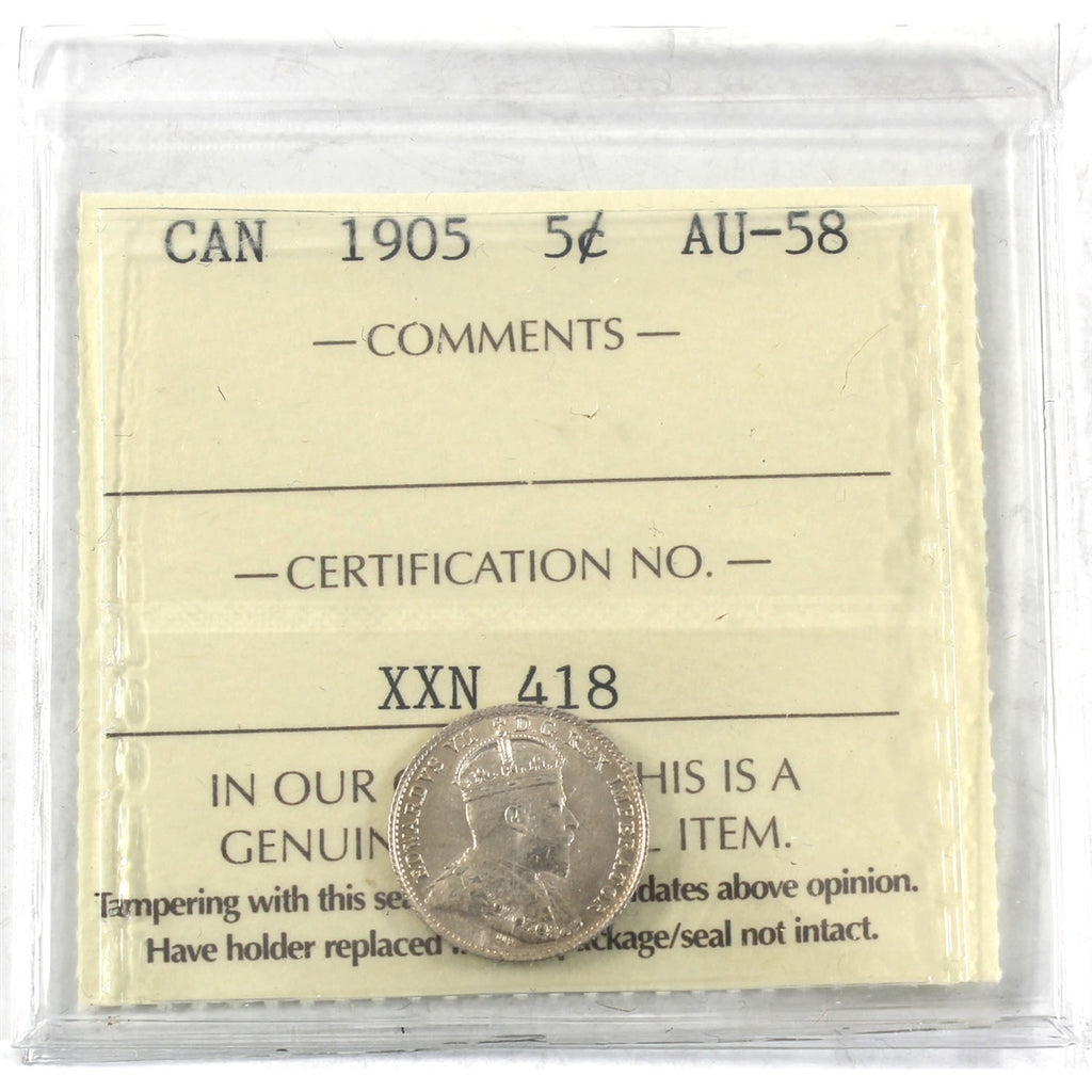 1905 Canada 5-cents ICCS Certified AU58
