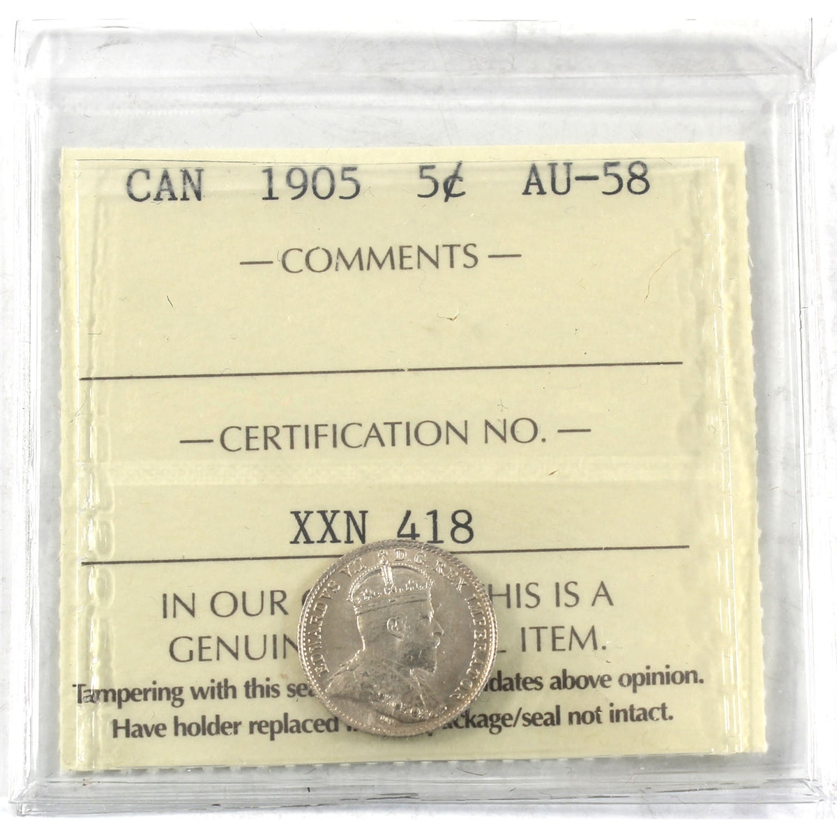 1905 Canada 5-cents ICCS Certified AU58