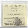 1908 Small 8 Canada 5-cents ICCS Certified EF45