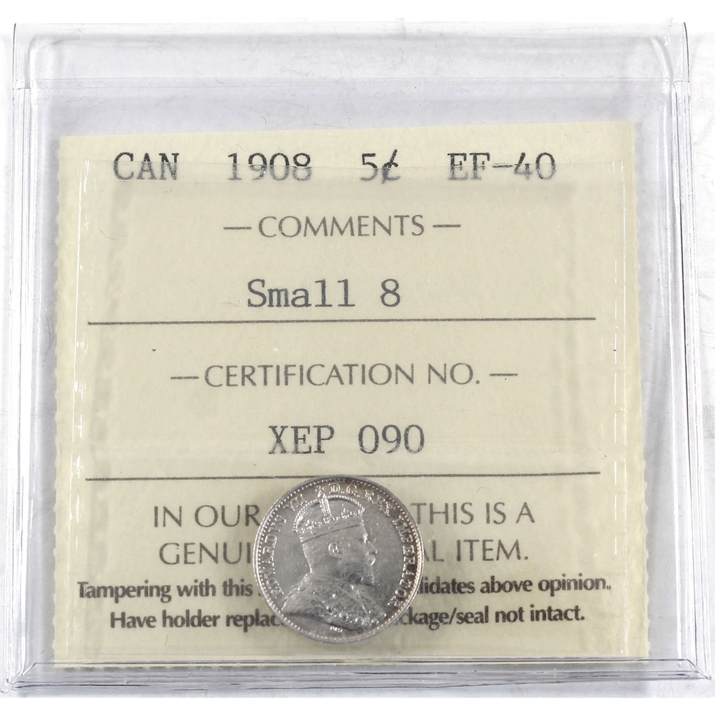 1908 Small 8 Canada 5-cents ICCS Certified EF40