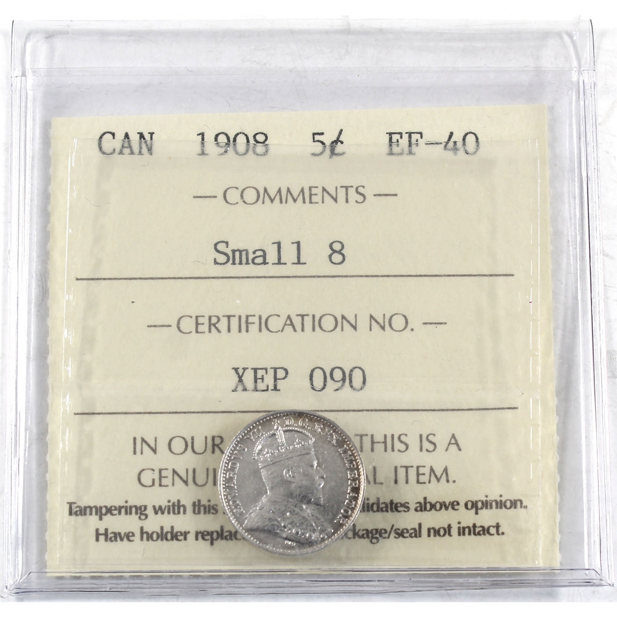 1908 Small 8 Canada 5-cents ICCS Certified EF40