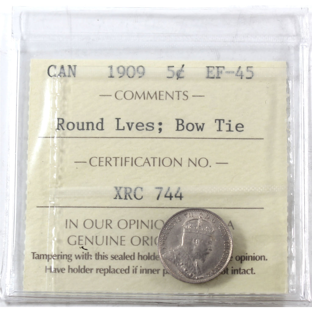 1909 Round Leaves, Bow Tie Canada 5-cents ICCS Certified EF45