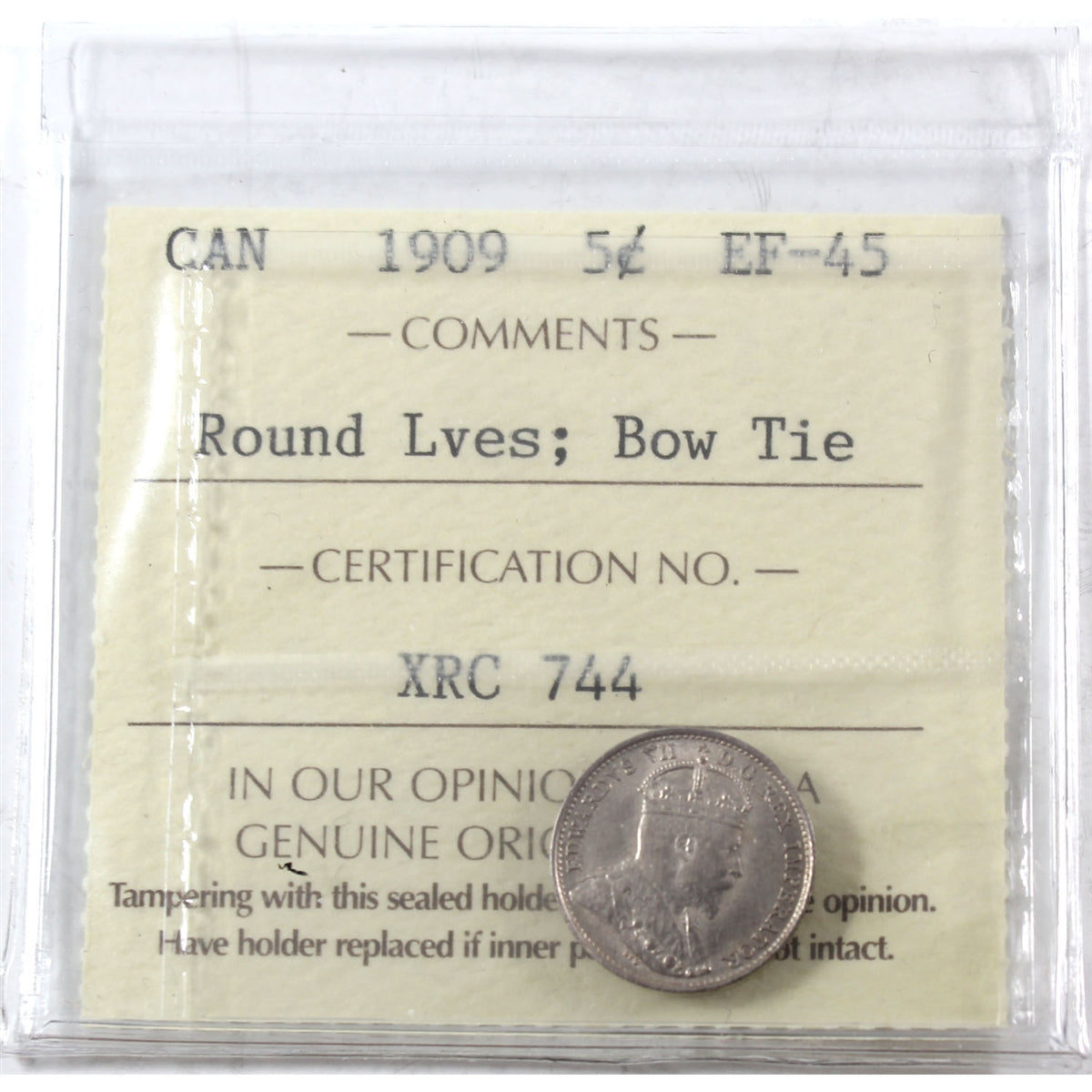 1909 Round Leaves, Bow Tie Canada 5-cents ICCS Certified EF45