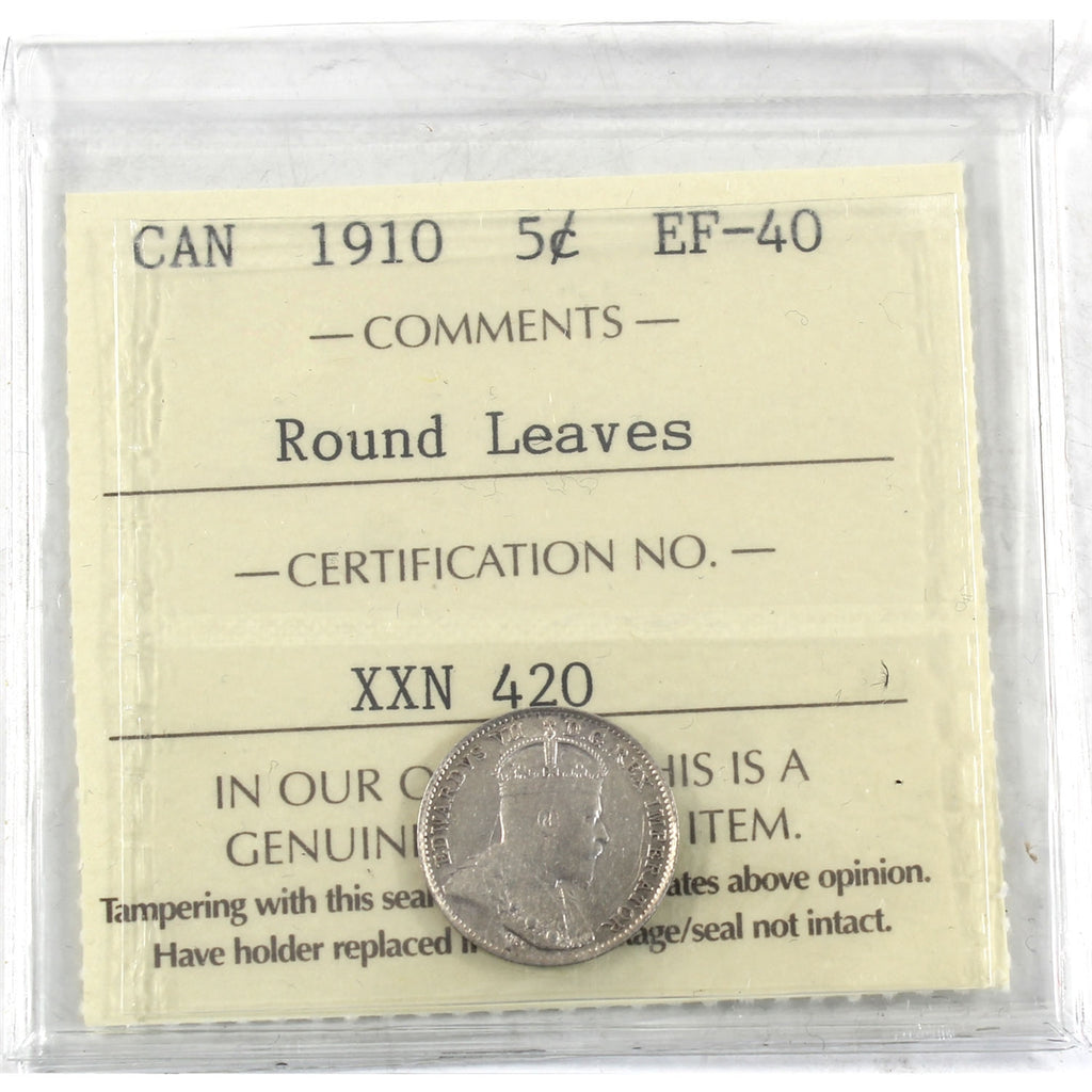 1910 Round Leaves Canada 5-cents ICCS Certified EF40