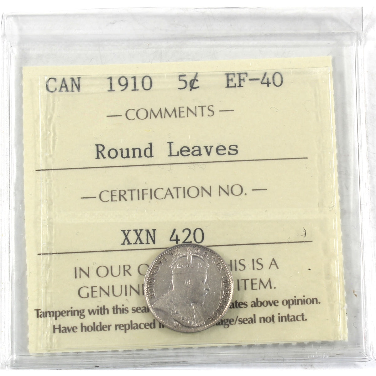 1910 Round Leaves Canada 5-cents ICCS Certified EF40
