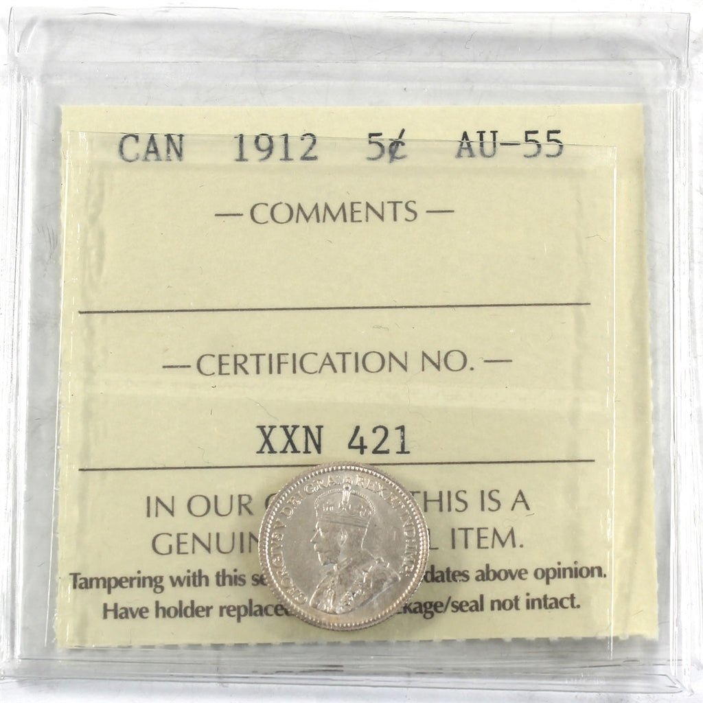 1912 Canada 5-cents ICCS Certified AU55