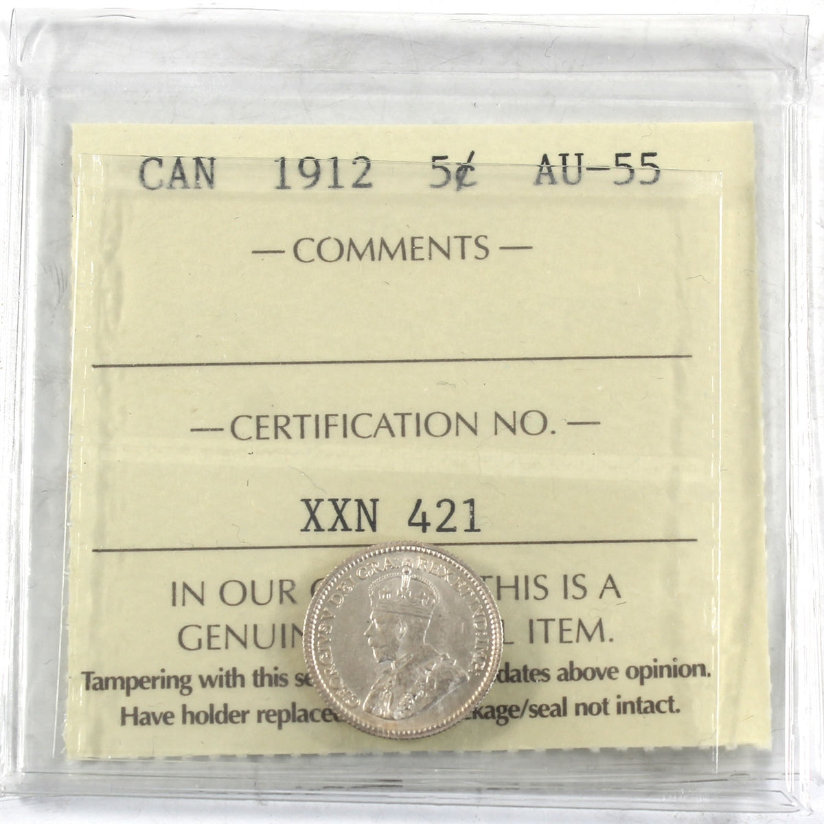 1912 Canada 5-cents ICCS Certified AU55