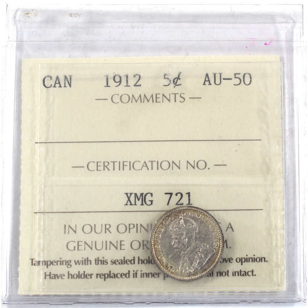1912 Canada 5-cents ICCS Certified AU50