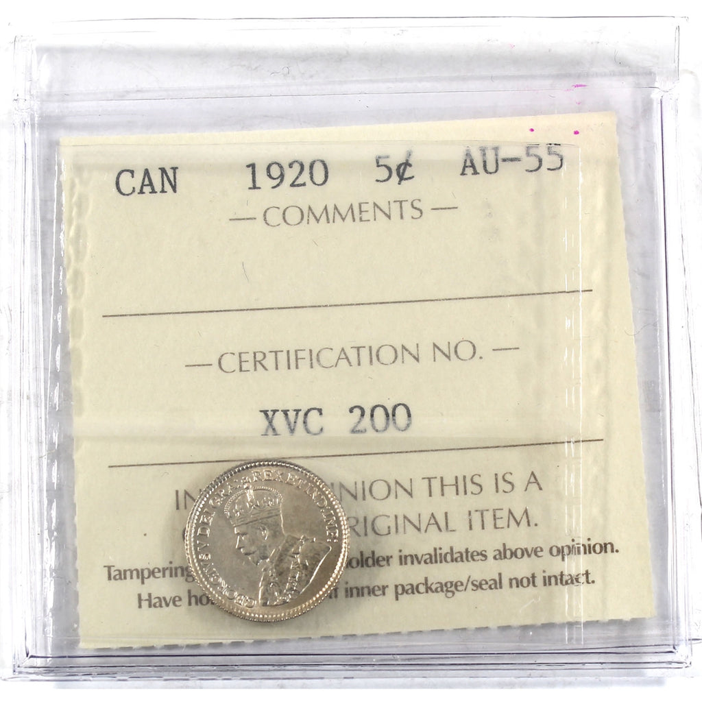 1920 Canada 5-cents ICCS Certified AU55