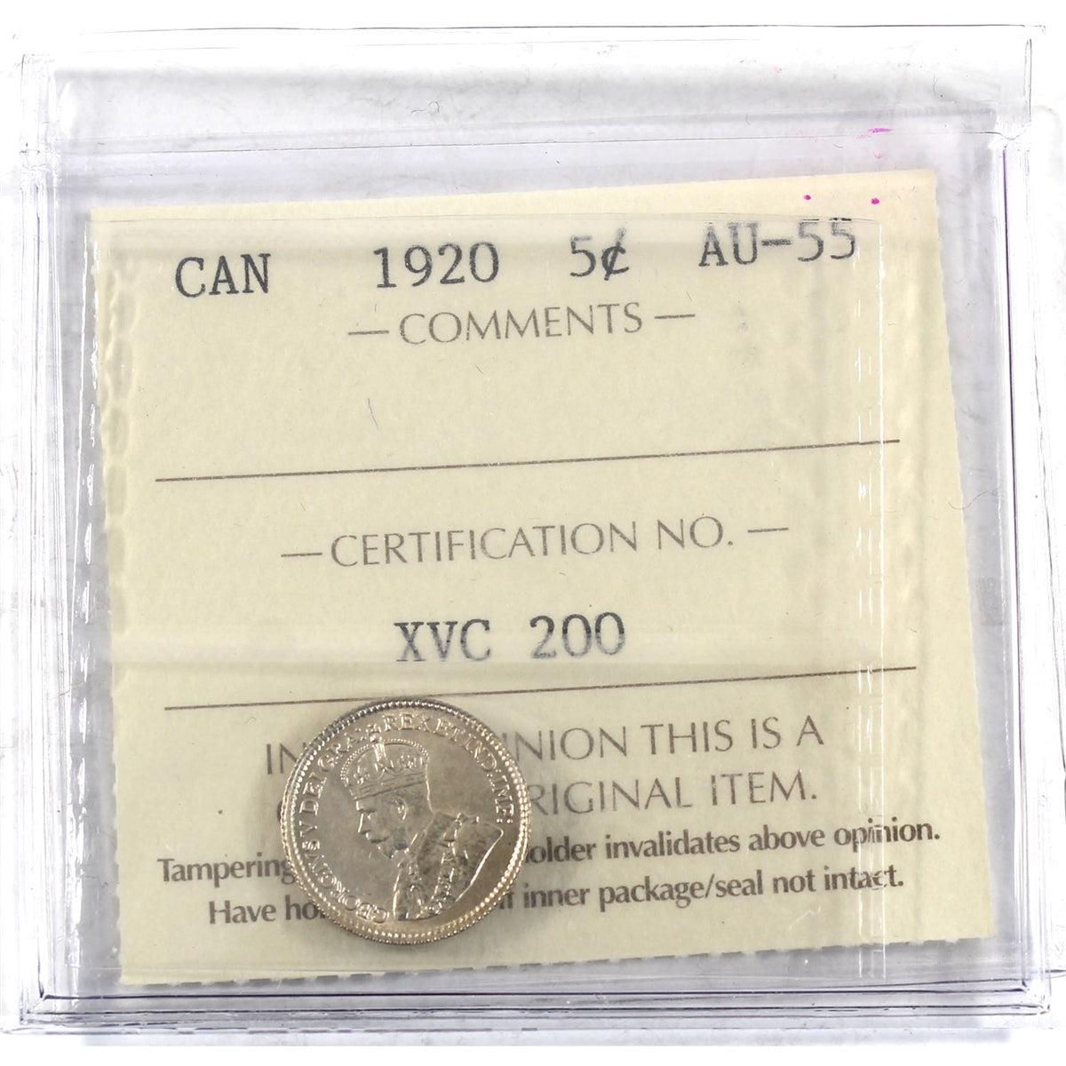 1920 Canada 5-cents ICCS Certified AU55