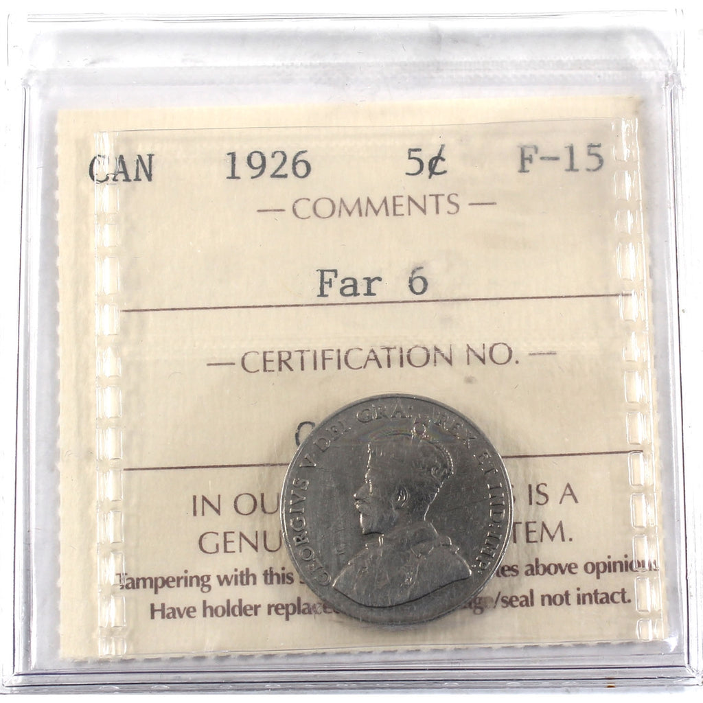 1926 Far 6 Canada 5-cents ICCS Certified F15