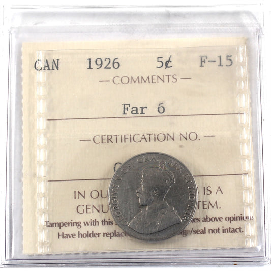 1926 Far 6 Canada 5-cents ICCS Certified F15