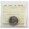 1936 Canada 5-cents ICCS Certified AU50