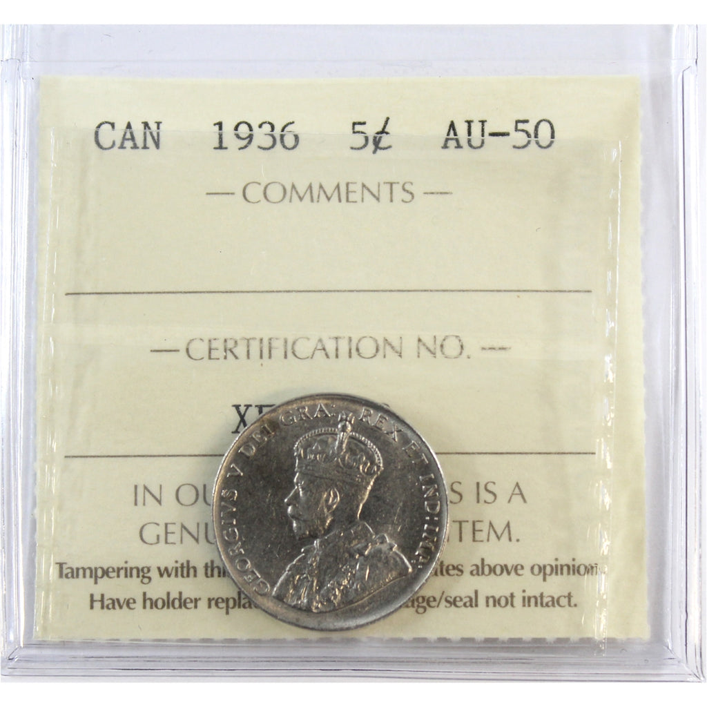 1936 Canada 5-cents ICCS Certified AU50
