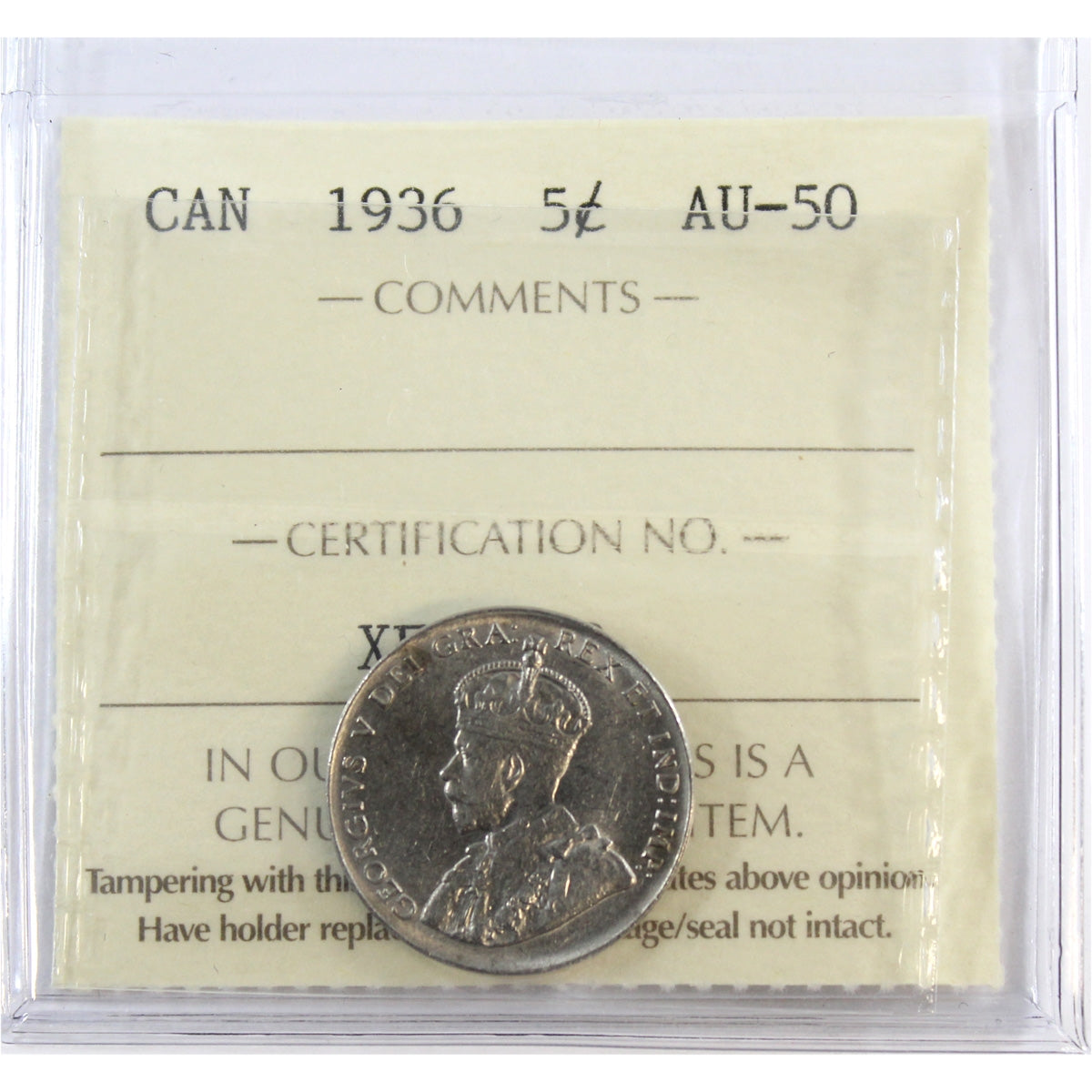 1936 Canada 5-cents ICCS Certified AU50