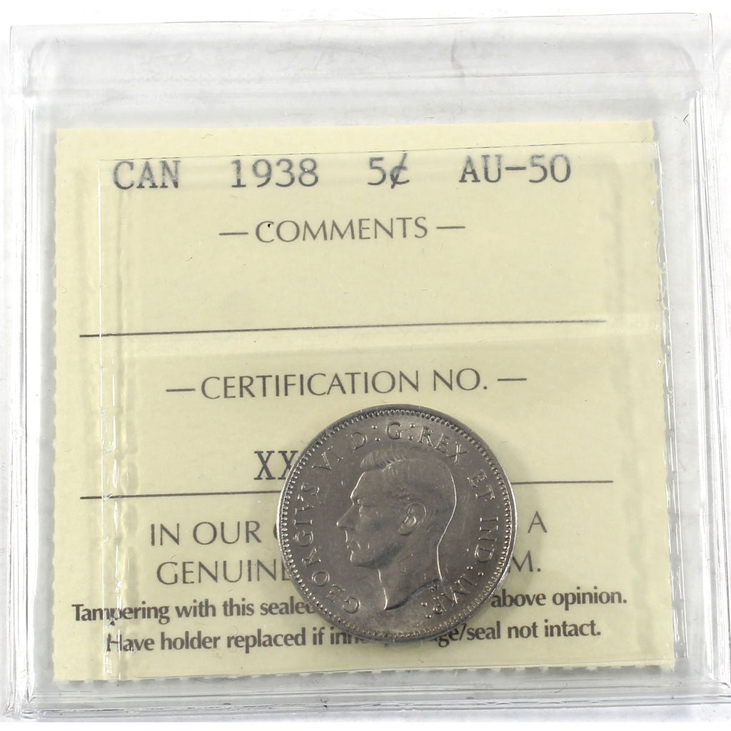 1938 Canada 5-cents ICCS Certified AU50