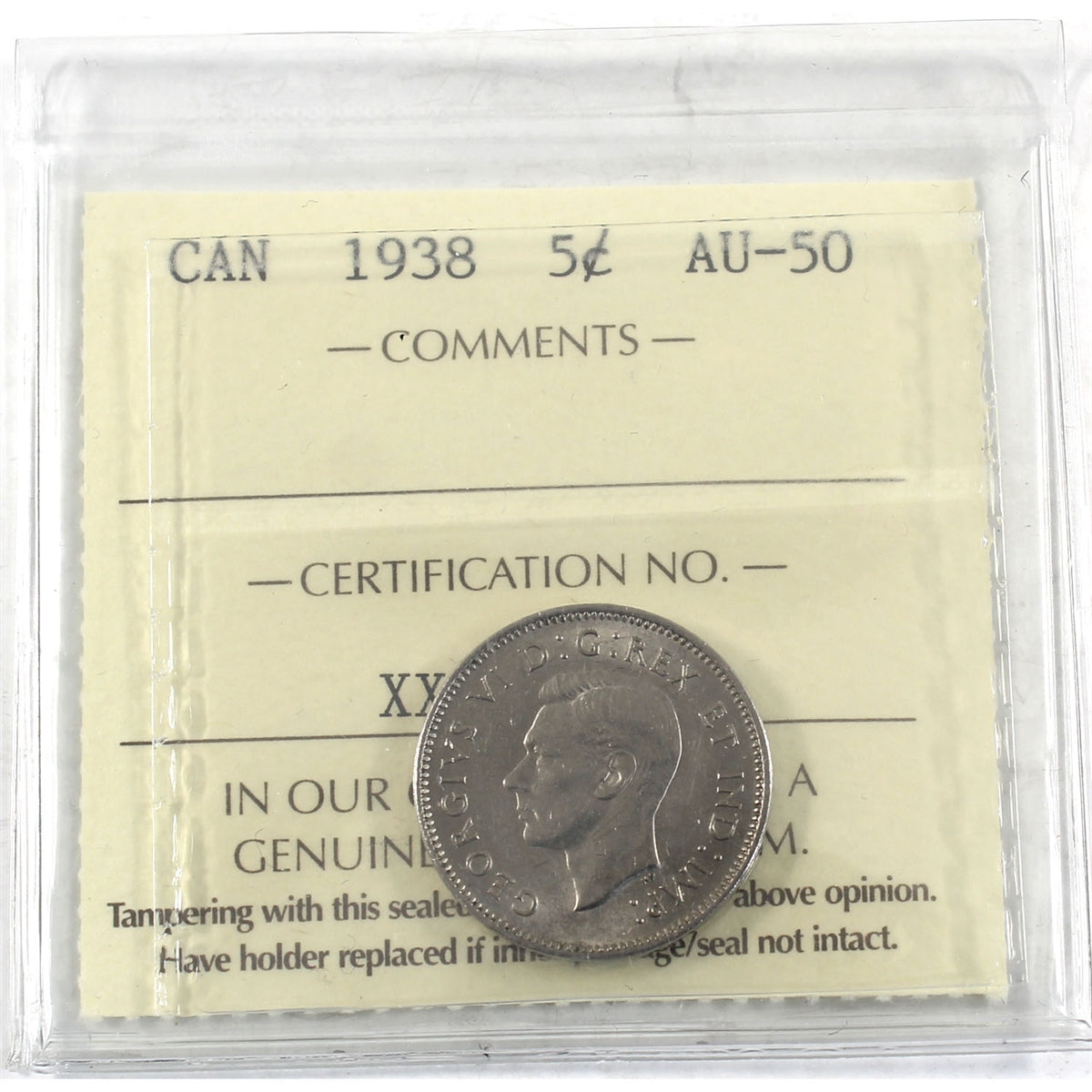 1938 Canada 5-cents ICCS Certified AU50