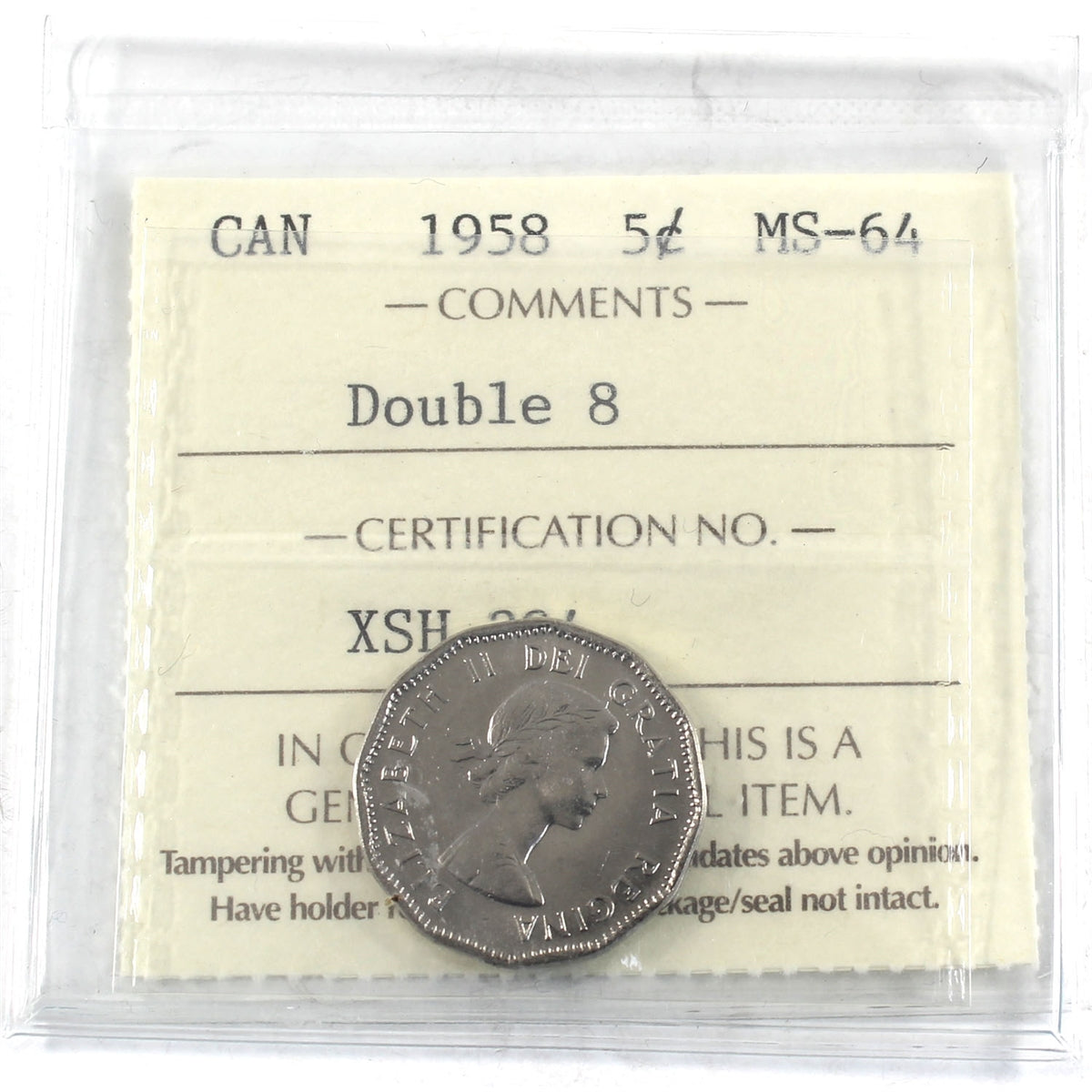 1958 Double 8 Canada 5-cents ICCS Certified MS64