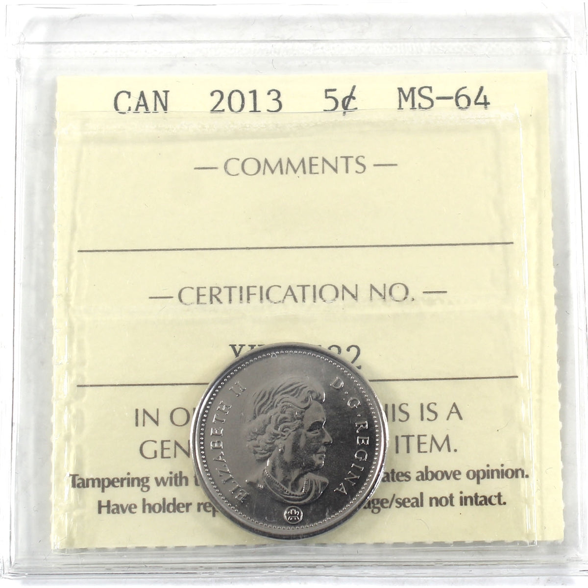 2013 Canada 5-cents ICCS Certified MS64