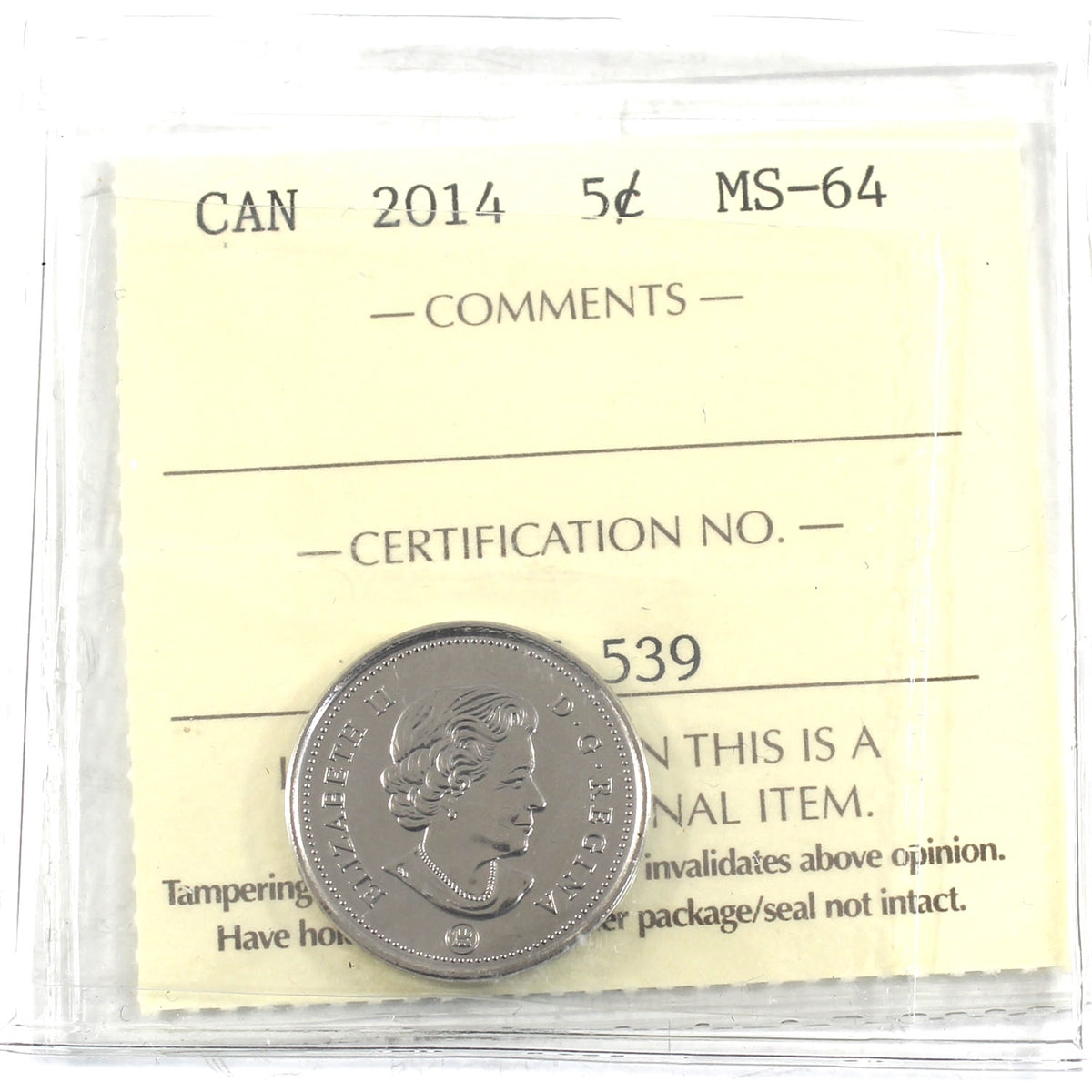 2014 Canada 5-cents ICCS Certified MS64