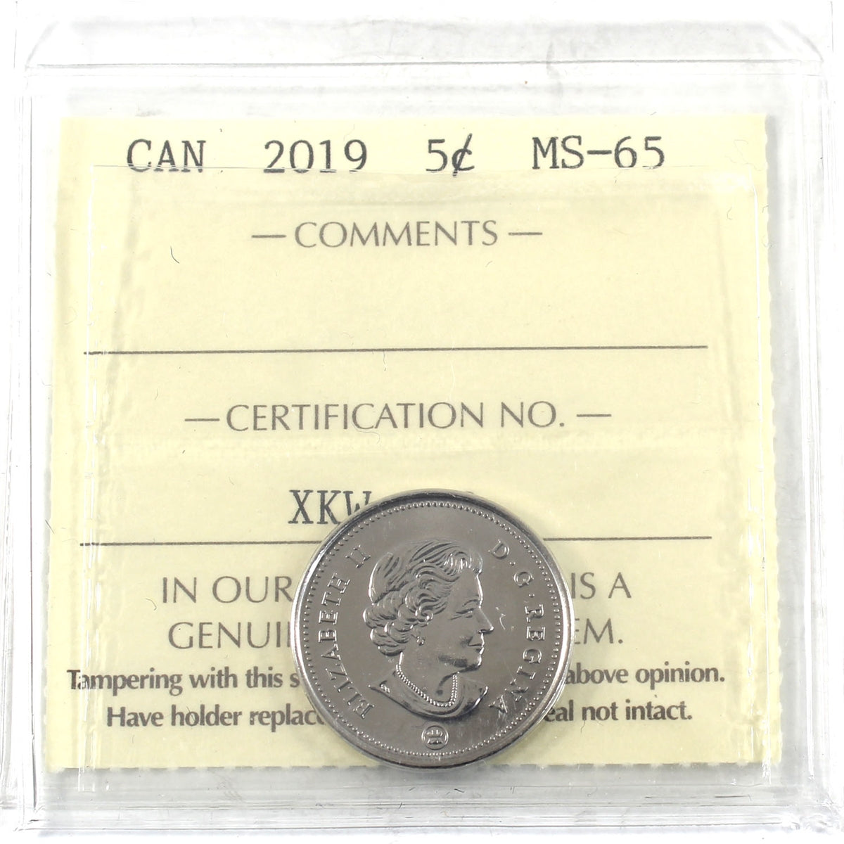 2019 Canada 5-cents ICCS Certified MS65