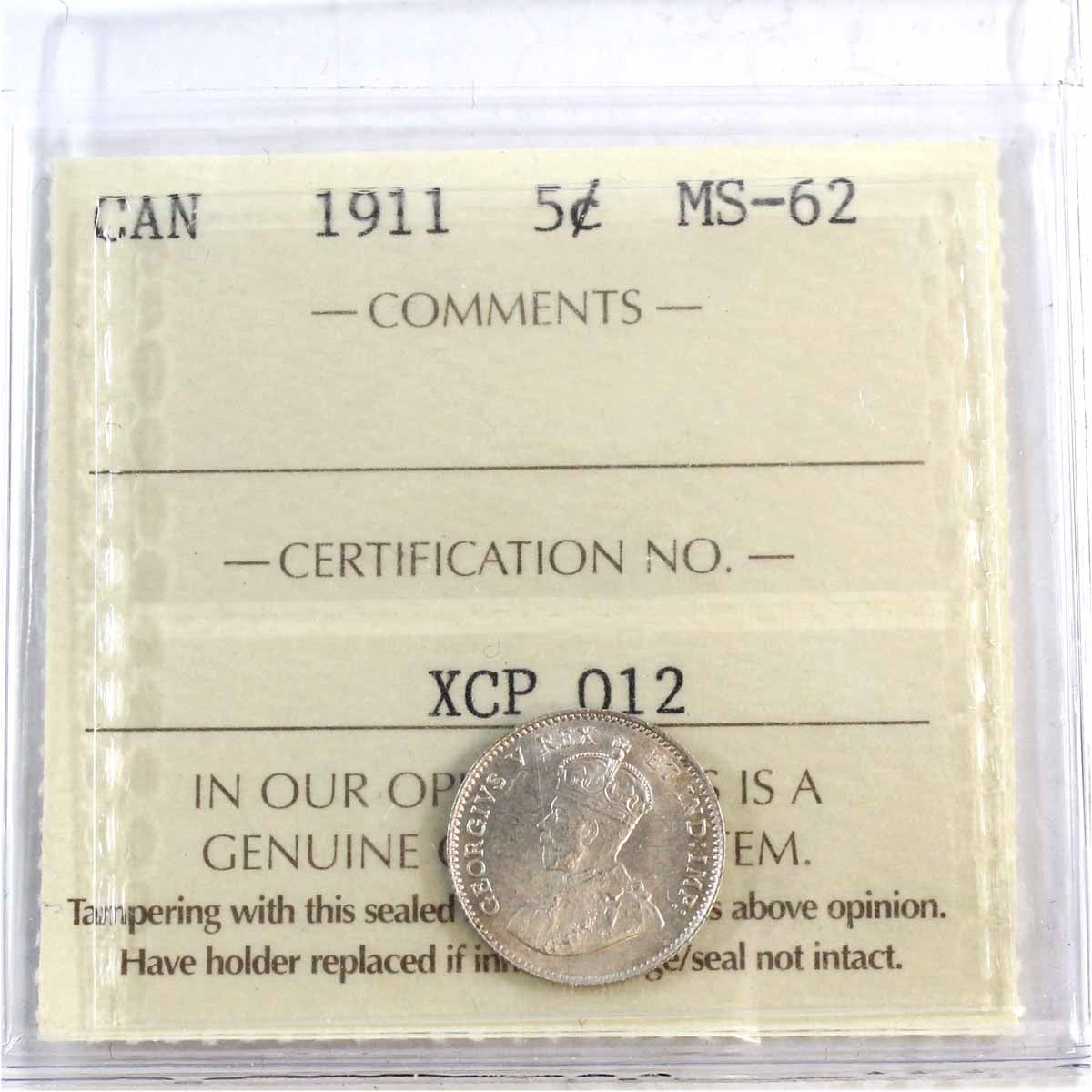 1911 Canada 5-cents ICCS Certified MS62