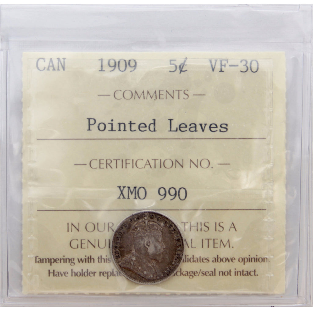 1909 Pointed Leaves Canada 5-cents ICCS Certified VF30