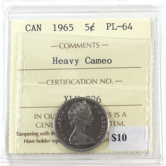 1965 Canada 5-cents ICCS Certified PL64 Heavy Cameo