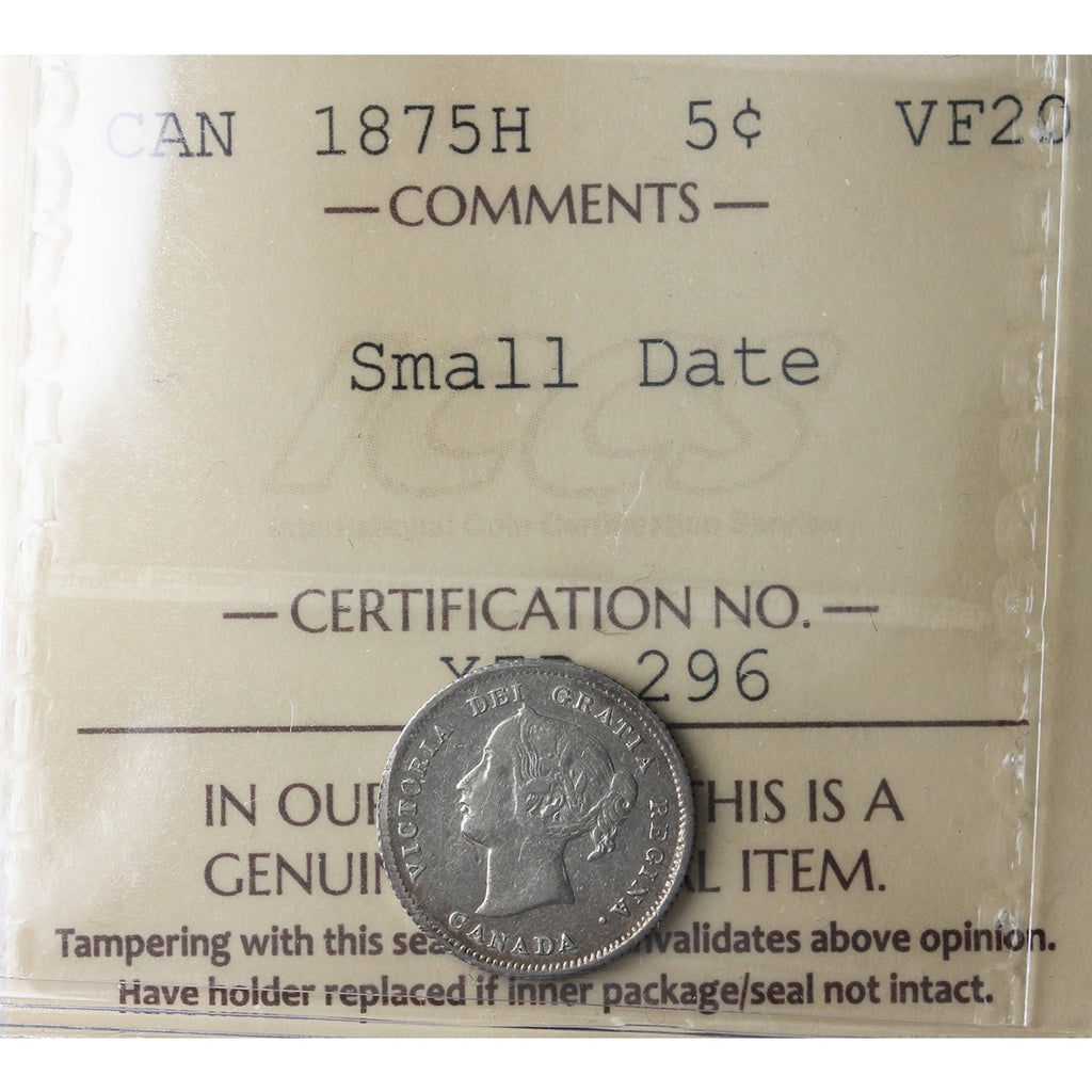 1875H Small Date Canada 5-cents ICCS Certified VF20