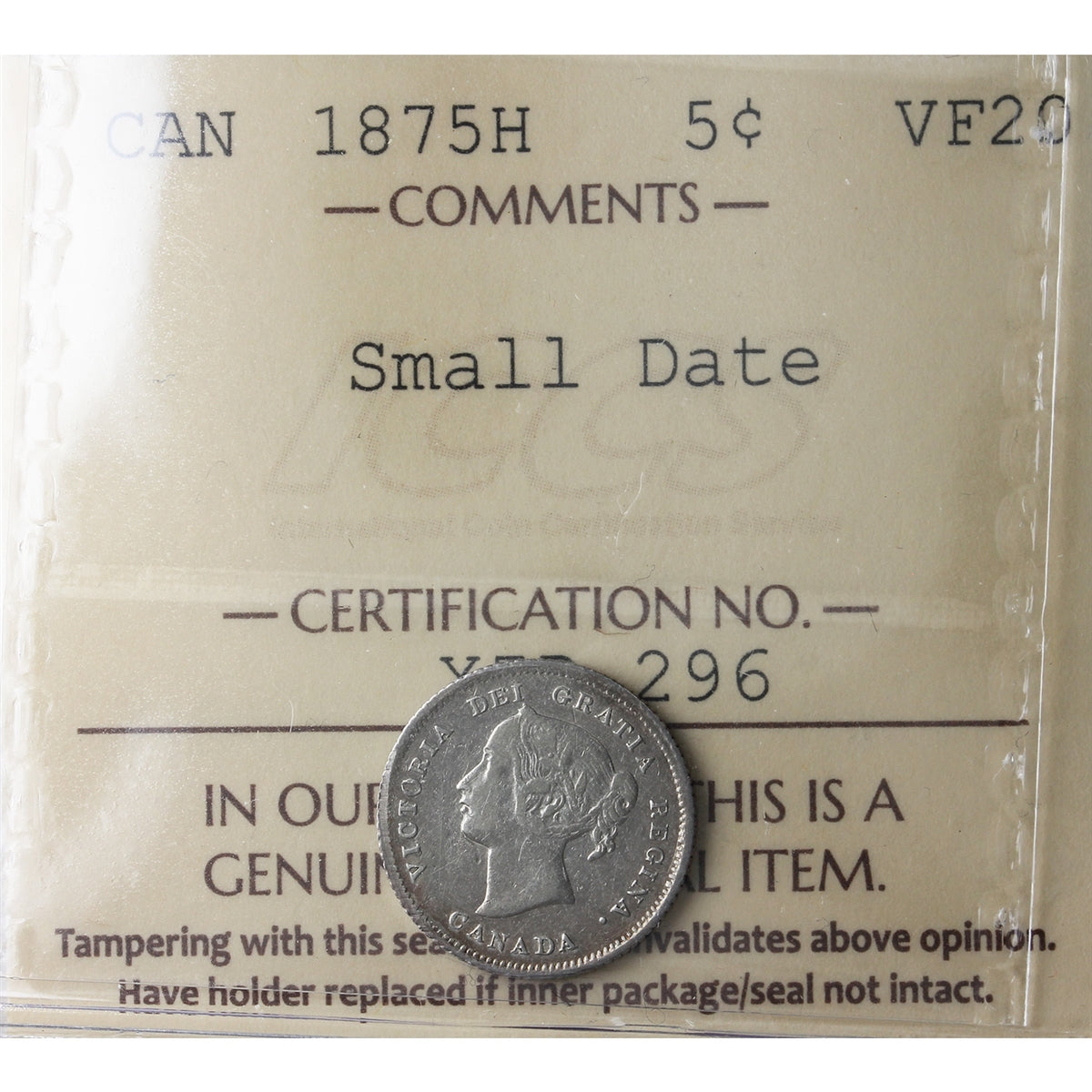 1875H Small Date Canada 5-cents ICCS Certified VF20