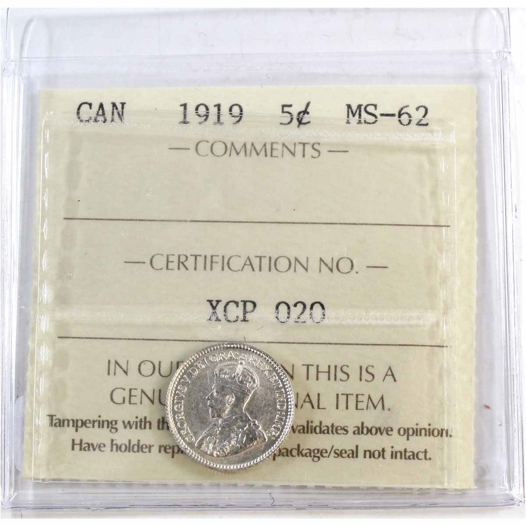 1919 Canada 5-cents ICCS Certified MS62