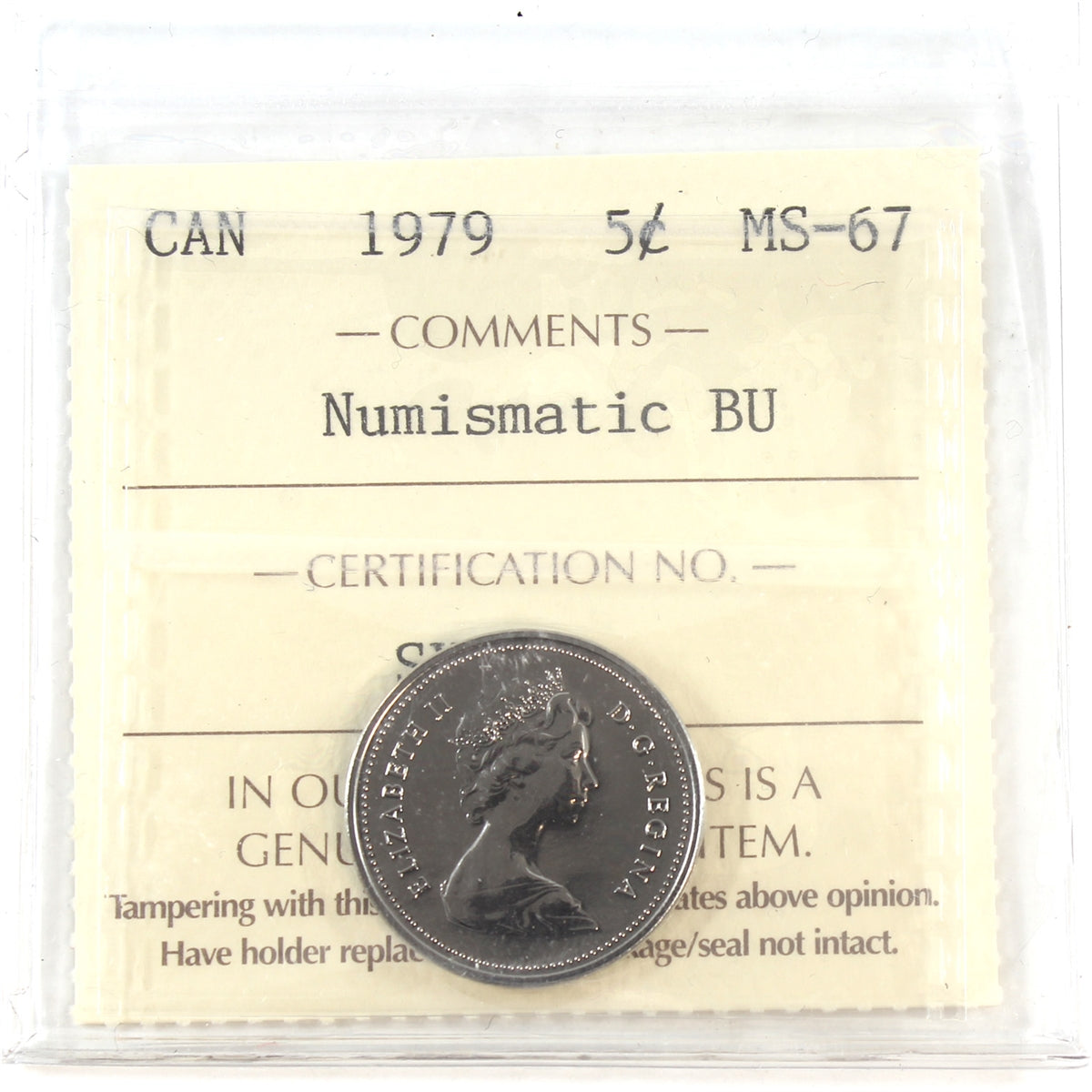 1979 Canada 5-cents ICCS Certified MS67 Numismatic BU