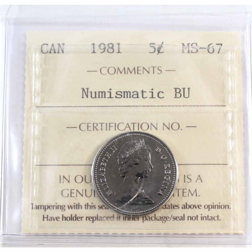 1981 Canada 5-cents ICCS Certified MS67 Numismatic BU