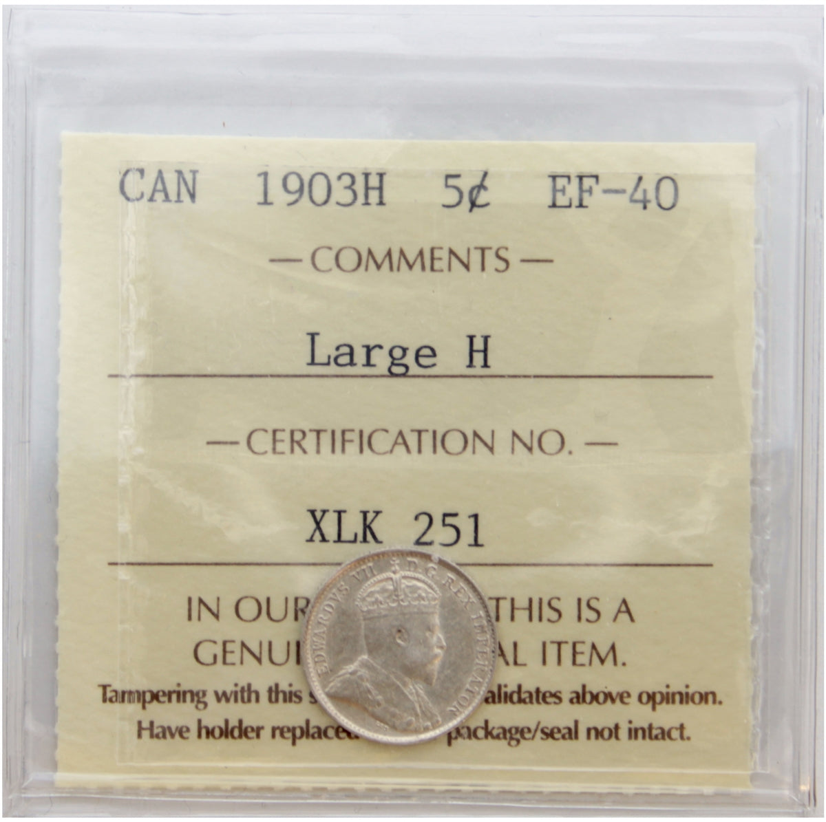 1903H Large H Canada 5-cents ICCS Certified EF40