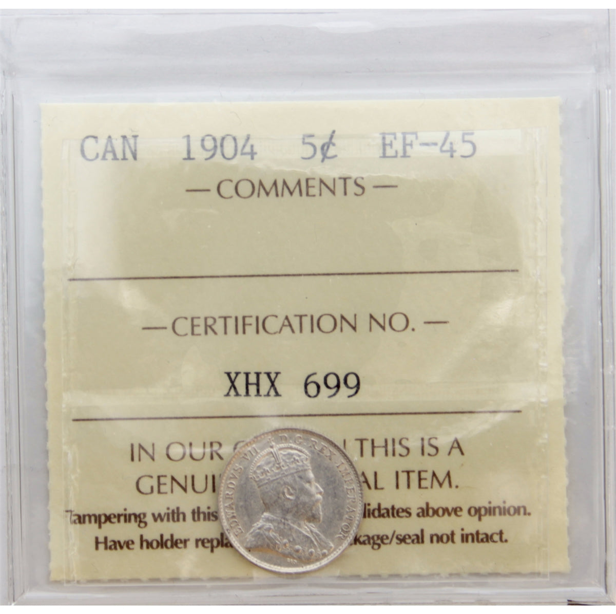 1904 Canada 5-cents ICCS Certified EF45