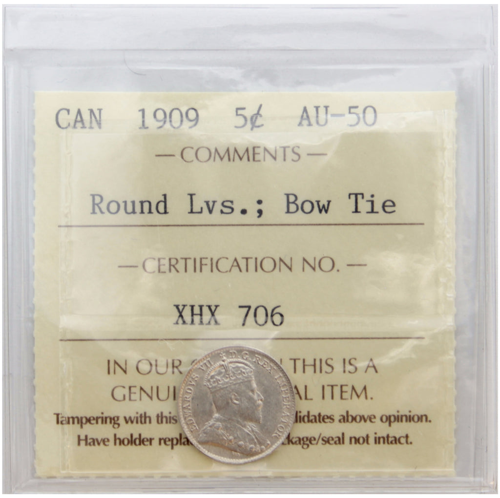 1909 Round Leaves, Bow Tie Canada 5-cents ICCS Certified AU50