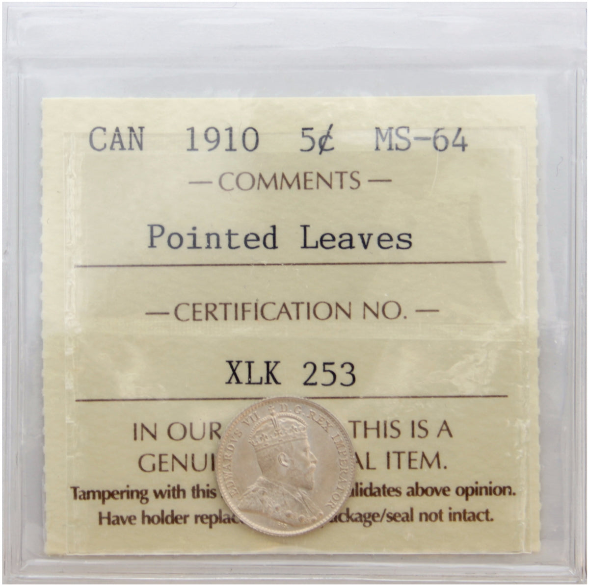 1910 Pointed Leaves Canada 5-cents ICCS Certified MS64 (XLK 253)